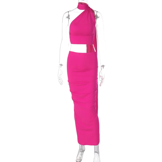 Fashion Backless Tube Top Slim Fit Pleated Skirt Rose Red - Shop at LoveMi