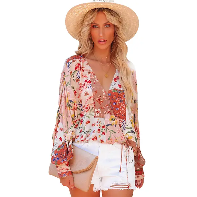 Spring And Summer Floral V neck Long Sleeve Loose Casual Shirt - Shop at LoveMi