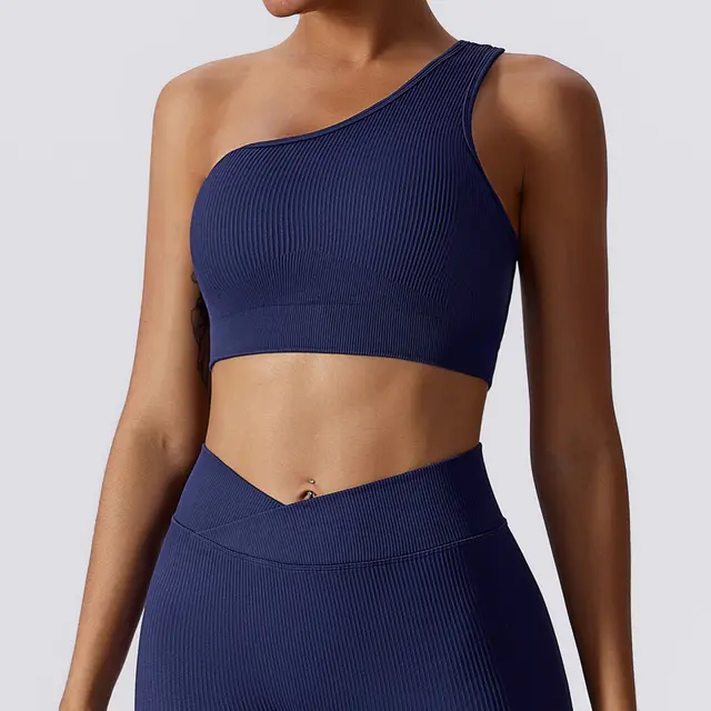 Seamless Beauty Back Yoga Vest One Shoulder Sports Top Dark Blue - Shop at LoveMi