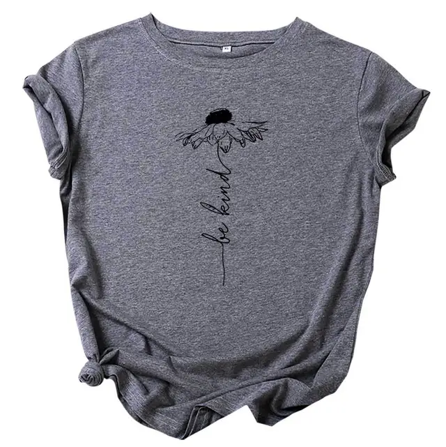 European And American Summer Women's Sunflower Printed Cotton Short sleeved T shirt Dark Gray Black Word - Shop at LoveMi