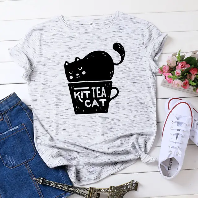 Casual KIT TEA CAT Printed Round Neck Plus Size Short Sleeve Marble Black - Shop at LoveMi