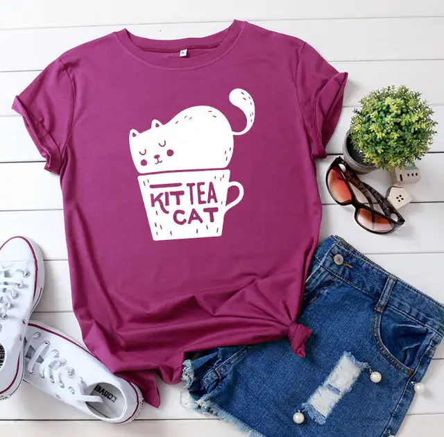 Casual KIT TEA CAT Printed Round Neck Plus Size Short Sleeve Wine Red And White - Shop at LoveMi