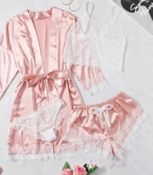 Lingerie Satin Striped Coat Lace Bra Underwear Four piece Set Pink - Shop at LoveMi