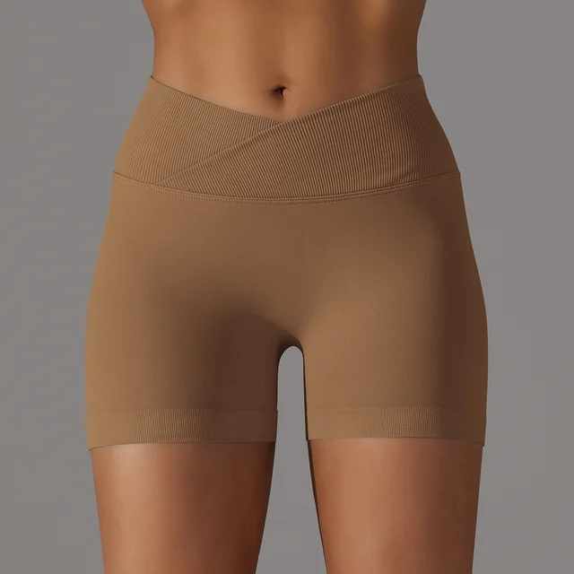 Women's Fashion Simple High Waist Stretch Running Workout Shorts Cocoa Color - Shop at LoveMi