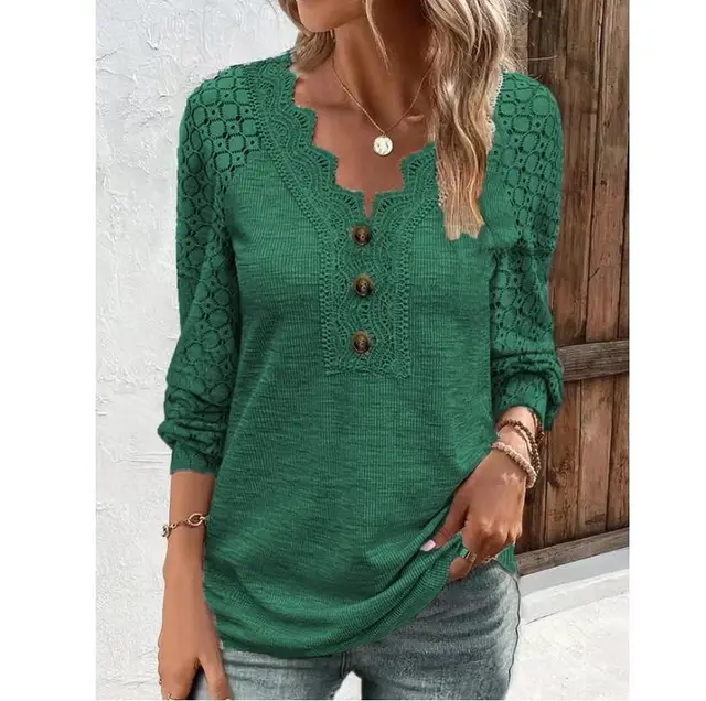 Women's Long Sleeve Shirt Leisure Pullover Slim Lace T shirt Green - Shop at LoveMi