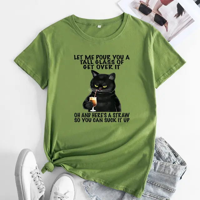 Plus Size Cat Printing Cotton Round Neck Short Sleeve Army Green - Shop at LoveMi