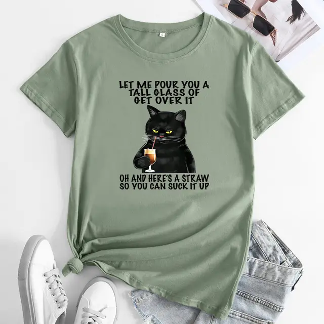 Plus Size Cat Printing Cotton Round Neck Short Sleeve Bean Green - Shop at LoveMi
