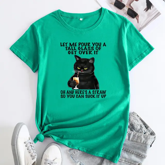 Plus Size Cat Printing Cotton Round Neck Short Sleeve Dark Green - Shop at LoveMi