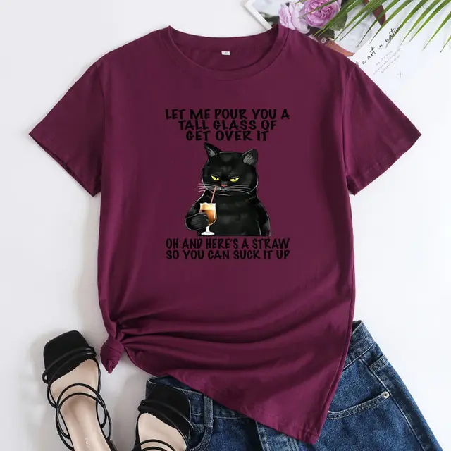 Plus Size Cat Printing Cotton Round Neck Short Sleeve Wine Red - Shop at LoveMi