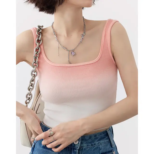 Gradient Color Outer Wear Strappy Sleeveless Tank Top Pink Gradient - Shop at LoveMi