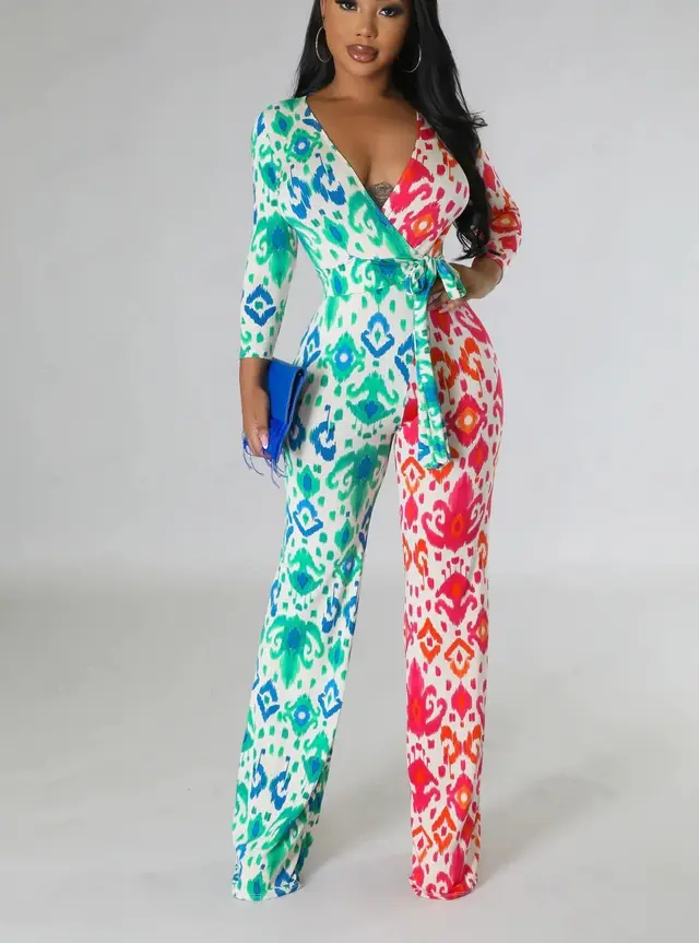 Casual Jumpsuit Printed Color Blocking Women Green Red - Shop at LoveMi