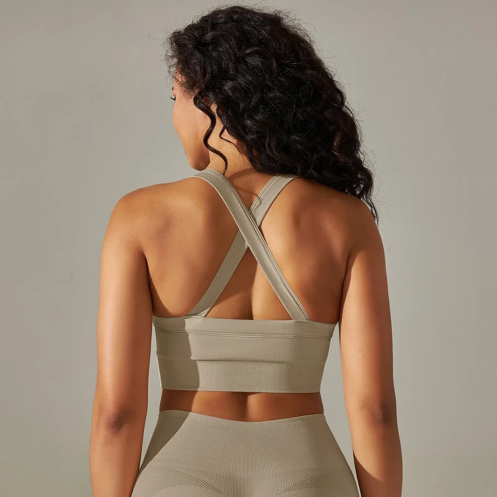 Seamless Knitted Solid Colour Yoga Vest Fitness Running Yoga Clothes Sports Bra - Khaki