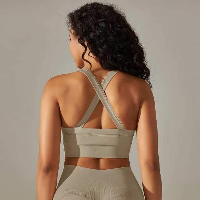 Seamless Knitted Solid Color Yoga Vest Fitness Running Yoga Clothes Sports Bra Khaki - Shop at LoveMi