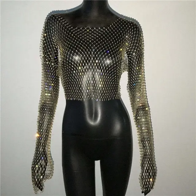 Fishnet Long Sleeve Top Mesh Rhinestone Golden 45Cm Square Collar - Shop at LoveMi