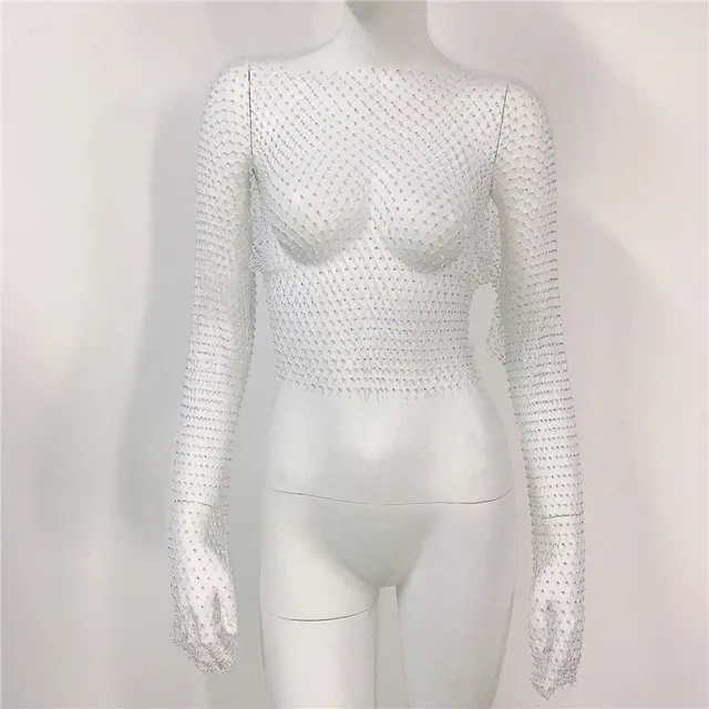 Fishnet Long Sleeve Top Mesh Rhinestone White 45Cm Word - Shop at LoveMi