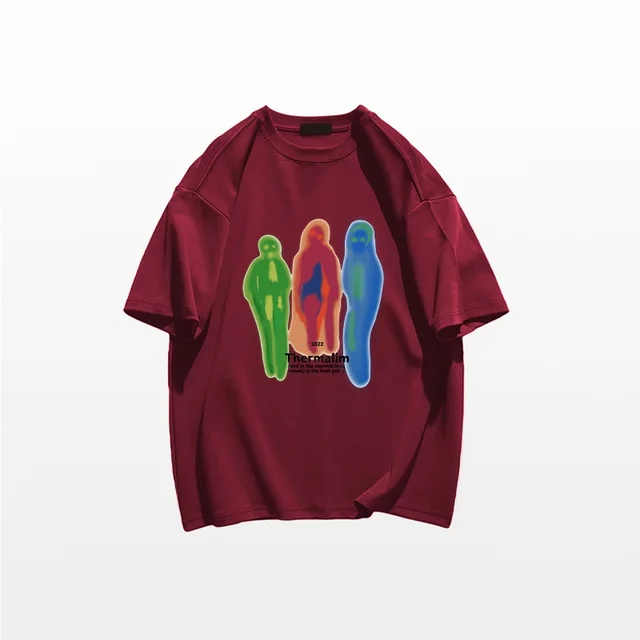 American Street Niche Design Short sleeved T shirt Retro Shoulder Wine Red - Shop at LoveMi