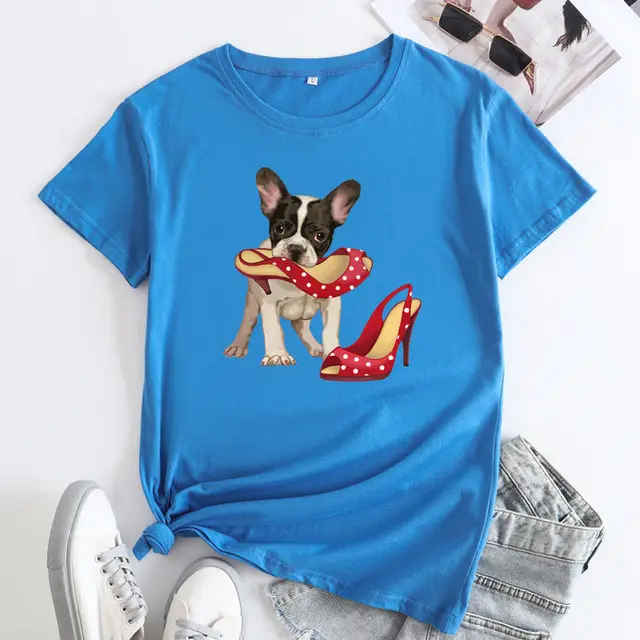 Loose And Cute Dog Print Pure Cotton Round Neck Short Sleeves Blue - Shop at LoveMi