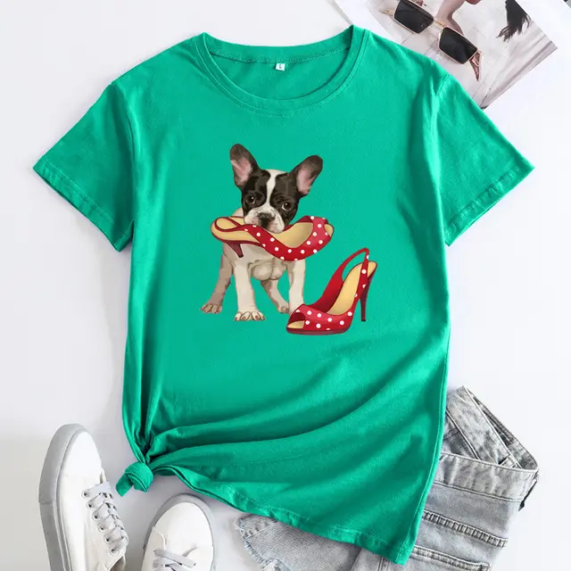 Loose And Cute Dog Print Pure Cotton Round Neck Short Sleeves Dark Green - Shop at LoveMi