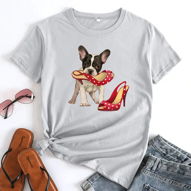Loose And Cute Dog Print Pure Cotton Round Neck Short Sleeves Light Gray - Shop at LoveMi