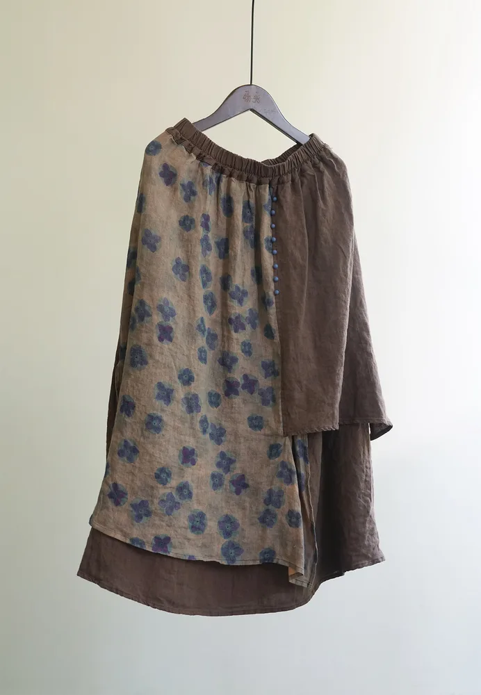 Retro Nostalgic Blue Dyed Printed Irregular Long Dress - Blue Dyed Flower Skirt