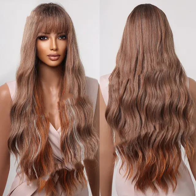 Dark Brown Dyed Light Brown Bangs Long Curly Hair Wigs Mechanism Headgear Lc2059 1 - Shop at LoveMi