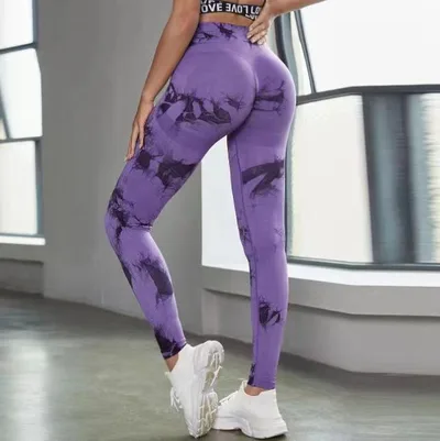 Women's Fashion Temperament Tie dye High Waist Hip Lift Yoga Pants Black Purple - Shop at LoveMi