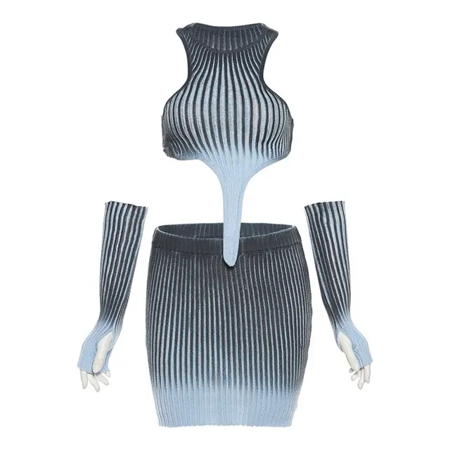 Women's Clothing New Knitted Gradient Irregular Top High Waist Hip wrapped Skirt Suit Blue - Shop at LoveMi