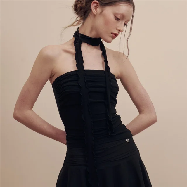 Slim fit Fashion Off neck Pleated Vest Black - Shop at LoveMi