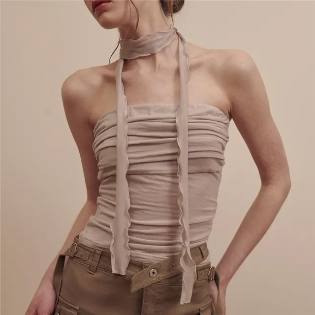 Slim fit Fashion Off neck Pleated Vest Khaki - Shop at LoveMi