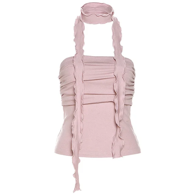 Slim fit Fashion Off neck Pleated Vest Pink - Shop at LoveMi
