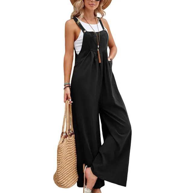 Women's Clothes Hot selling Solid Color Casual Suspender Trousers Overall Black - Shop at LoveMi