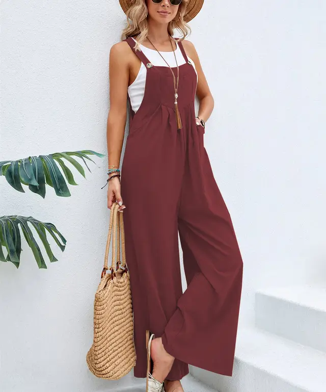 Women's Clothes Hot selling Solid Color Casual Suspender Trousers Overall Wine Red - Shop at LoveMi