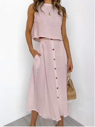 Women's Fashionable Simple Round Neck Vest Shirt Mid-length Dress Two-piece Suit - Pink
