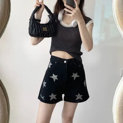 Light Luxury Silver Black Rhinestone Shorts For Women Black - Shop at LoveMi
