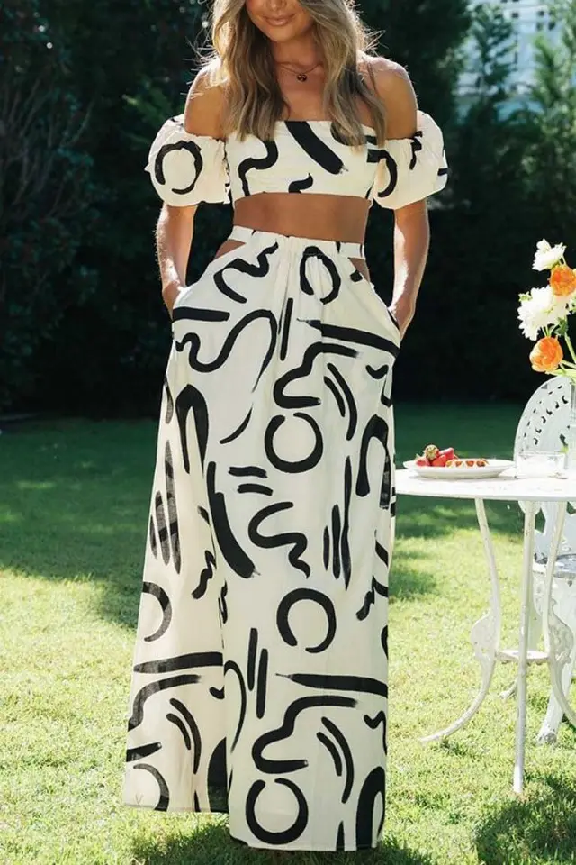 Women's Bubble Sleeve Hollow out Large Swing Dress Split Skirt Suit White - Shop at LoveMi