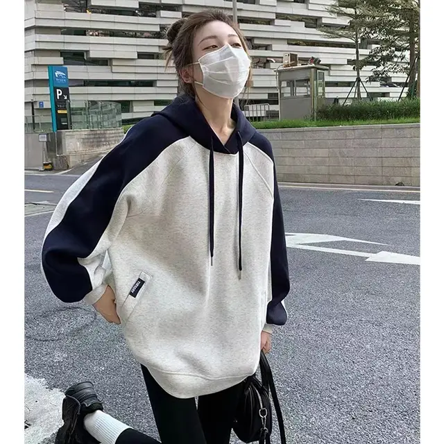 Retro Hooded Contrast Color Sweatshirt Women's Baggy Coat Picture Color - Shop at LoveMi