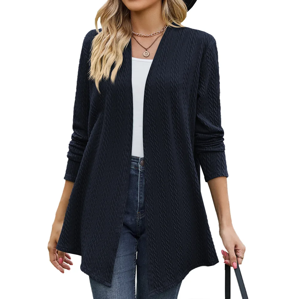 Women's Fashion Casual Solid Color Small Twist Long Sleeve Knitted Coat Navy - Shop at LoveMi