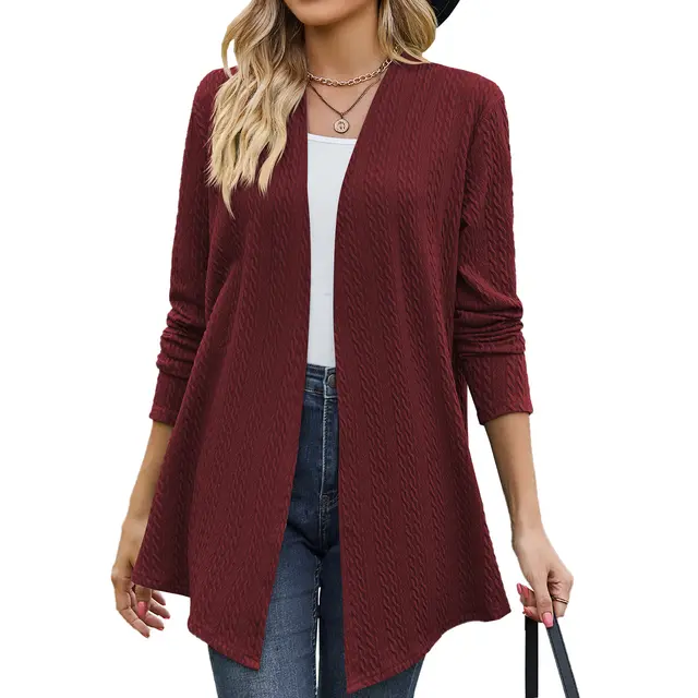 Women's Fashion Casual Solid Color Small Twist Long Sleeve Knitted Coat Wine Red - Shop at LoveMi