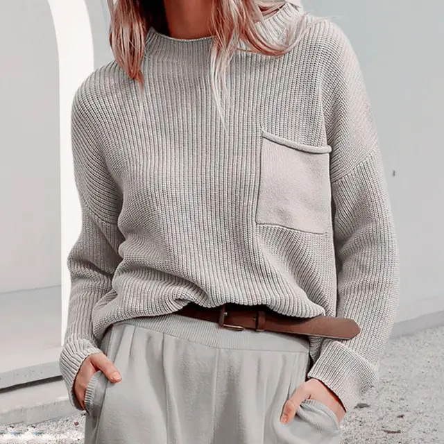 Women's Fashionable Simple Round Neck Long Sleeve Pocket Sweater Light Grey - Shop at LoveMi