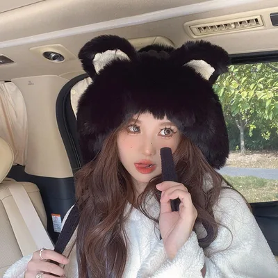 Fox Ears Warm With Velvet Knitted Plush Bonnet Black - Shop at LoveMi