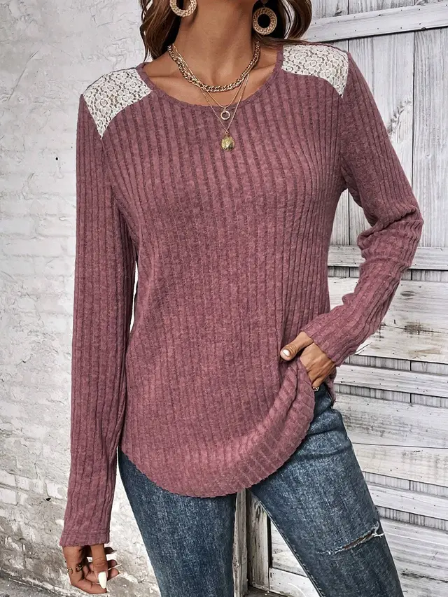 Women's Fashionable Round Neck Sunken Stripe Brushed Lace Long sleeved Top Brick Red - Shop at LoveMi