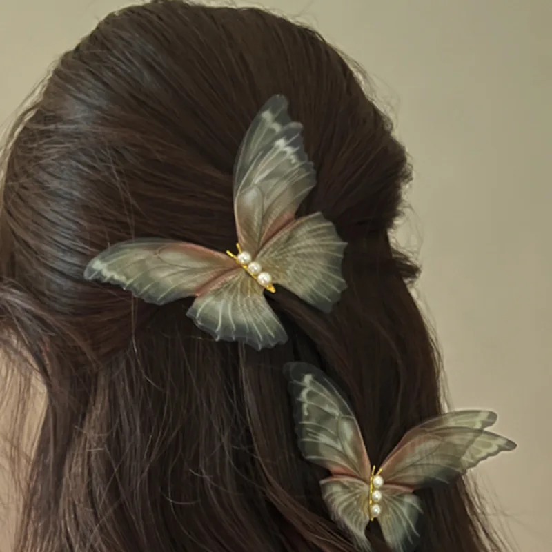 Mesh Pearl Butterfly Barrettes Updo Duckbill Clip Green 2Pc - Shop at LoveMi
