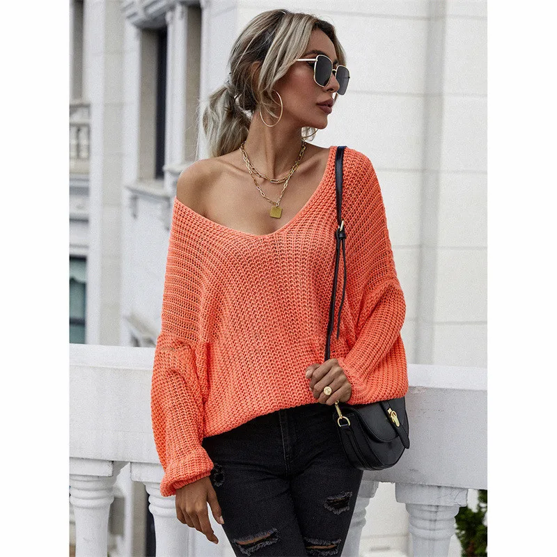 Women's Fashion Casual Solid Color Pullover V neck Sweater Orange - Shop at LoveMi