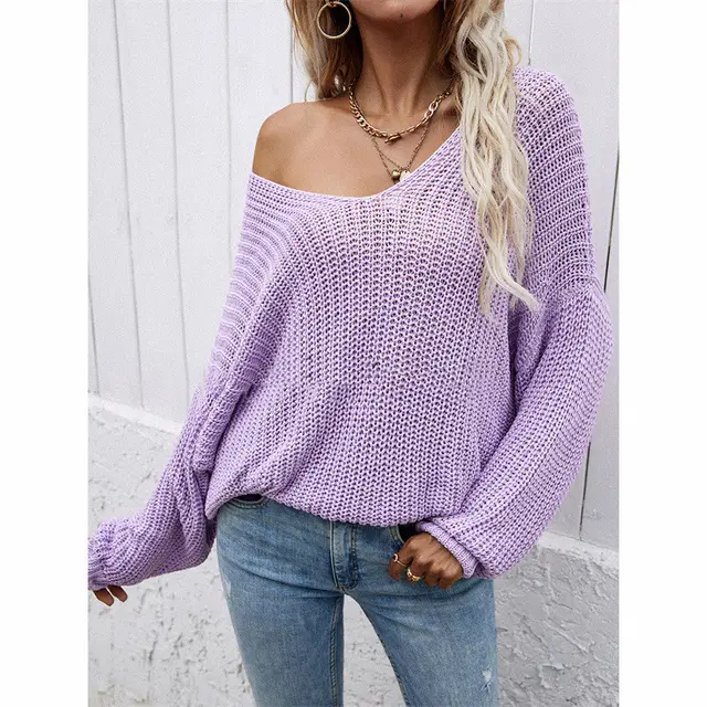 Women's Fashion Casual Solid Color Pullover V neck Sweater Purple - Shop at LoveMi