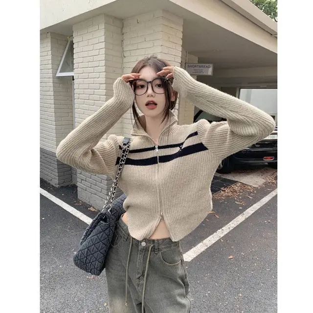 Casual Stand Collar Zipper Sweater Coat Slim Top For Women Olive Green - Shop at LoveMi