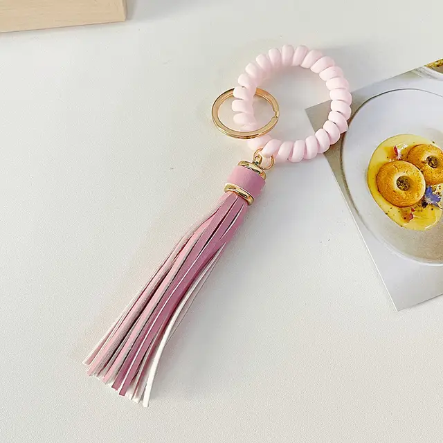 Telephone Line Keychain PU Leopard Tassel Anti lost Bracelet Light Pink - Shop at LoveMi