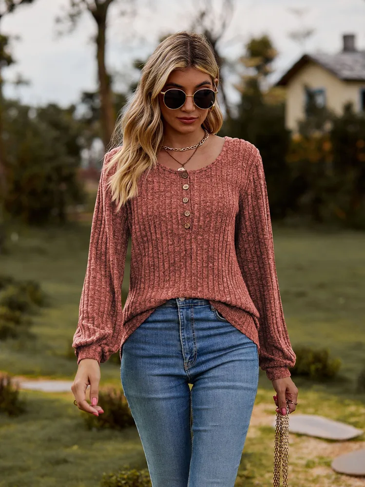 Women's Round neck Sunken Stripe Brushed Solid Color Button Top Brick Red - Shop at LoveMi