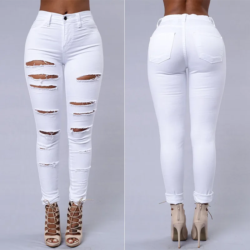 Ripped Jeans Women Skinny Trousers Casual High Waist Pencil Pants White - Shop at LoveMi