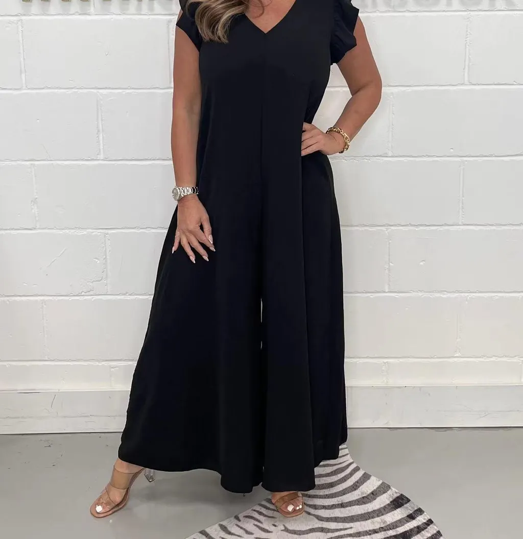 Women's Casual Short Sleeve And Long Pattern Jumpsuit - Black