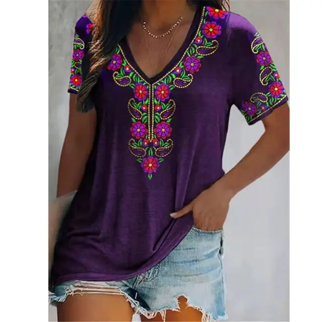 Women's Top Bohemian Printed V neck Short sleeved T shirt Dark Purple - Shop at LoveMi